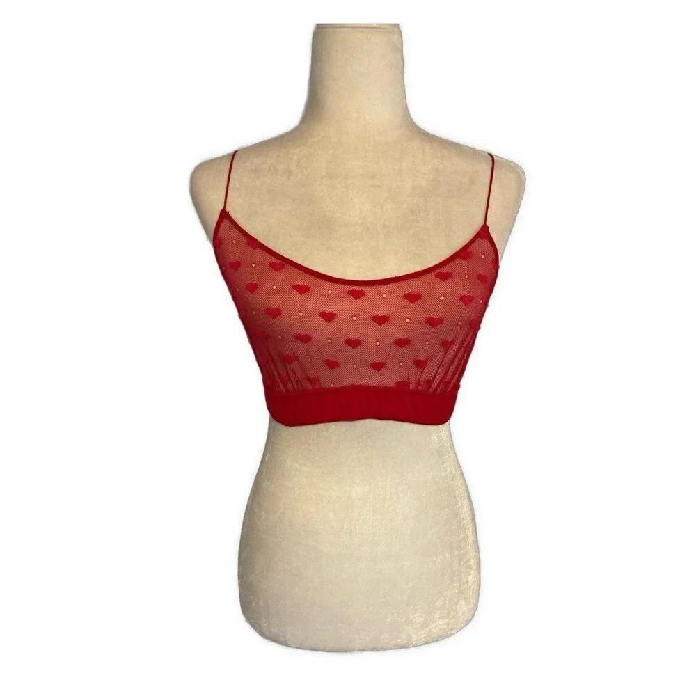 Scarlett Blue Solid Red Lace Heart Print Sheer Bra Bralette Medium